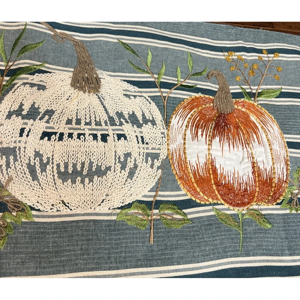 Bountiful Fall Harvest Pumpkins ‎ Embroidered Decorative Table Runner BLUE 72x16